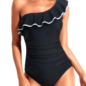 Tempt Me Womens Black One Piece Swimsuit One Shoulder Black Ruffle Medium New